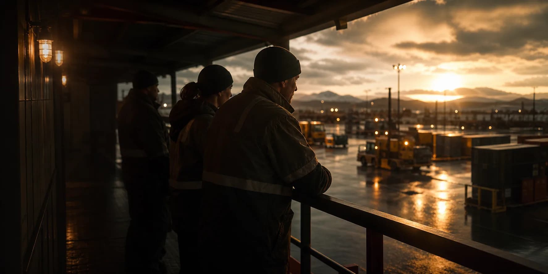 A systems team observes an interconnected industrial environment at dawn.