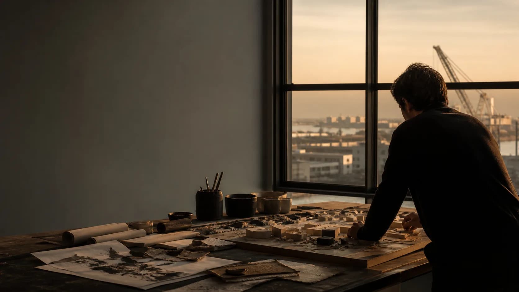 Applied systems research at a table overlooking a working industrial landscape.