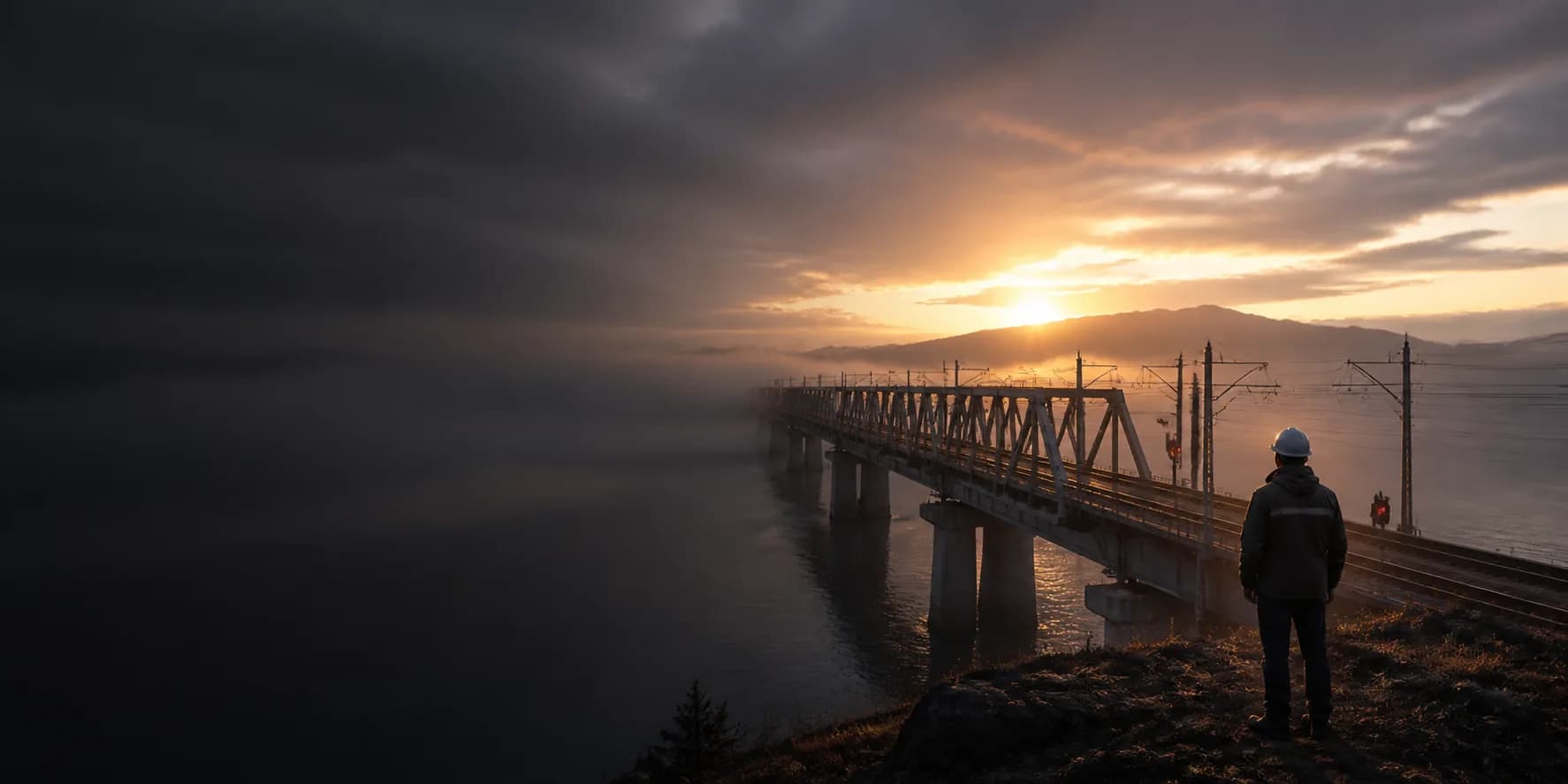 An interconnected infrastructure system continues through changing weather at dawn.