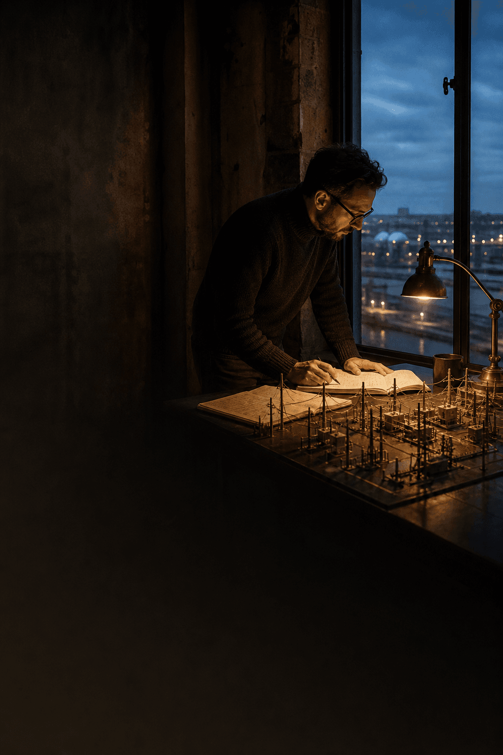 An engineer conducts a careful systems review in an operations room.