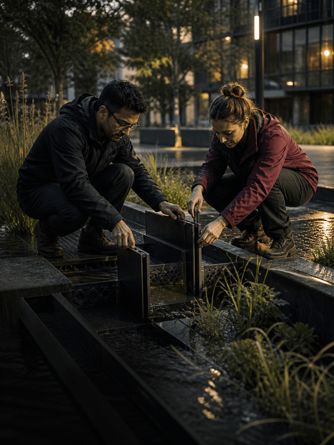 Researchers adjust a resilient infrastructure installation together.