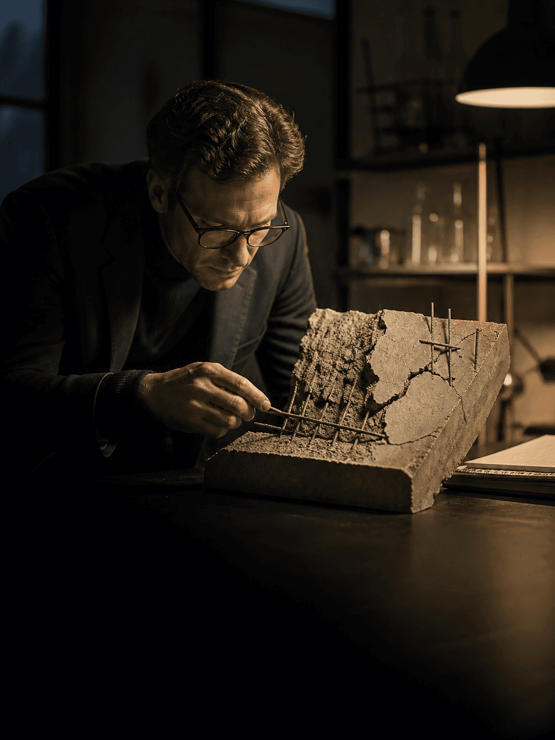 A researcher examines a fractured physical system model in a quiet analysis lab.