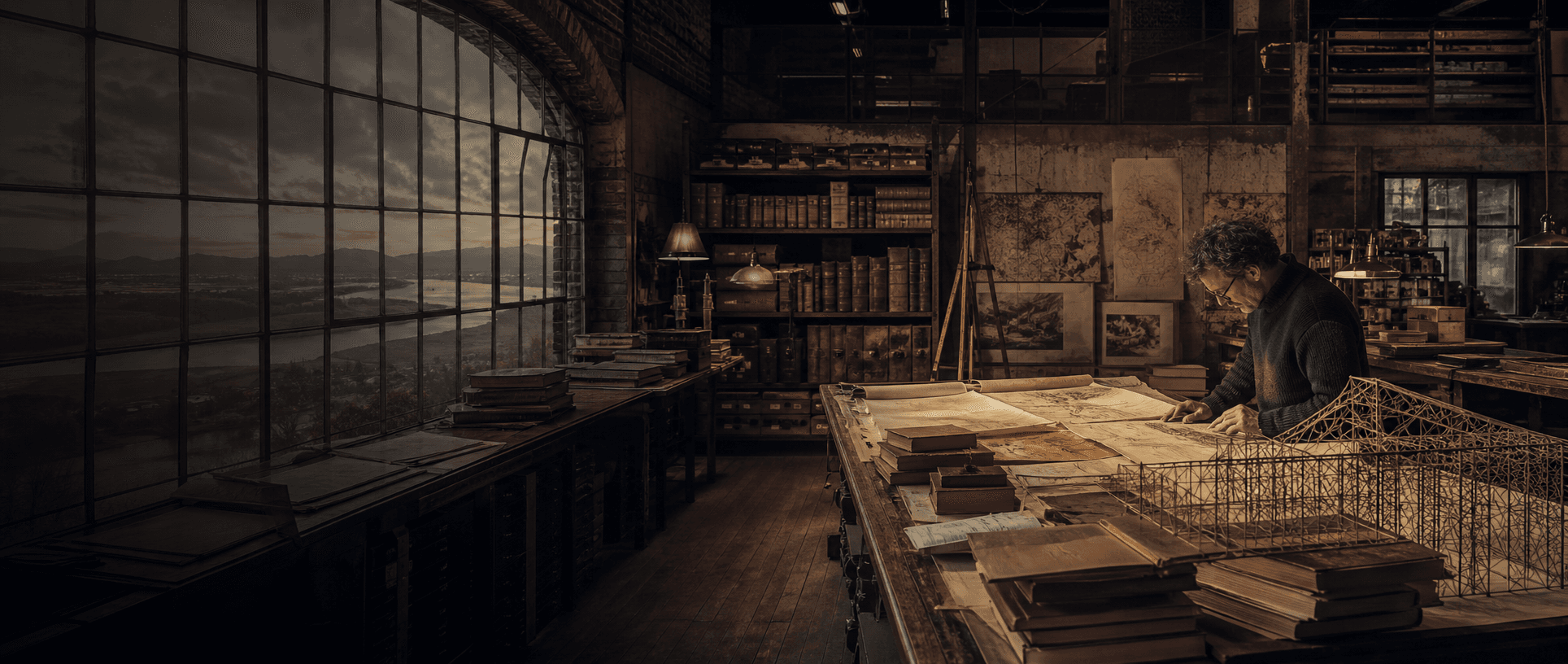 A researcher studies a structural model and archival materials in a systems-thinking studio.