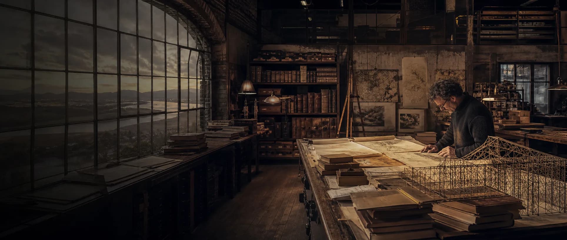 A researcher studies a structural model and archival materials in a systems-thinking studio.