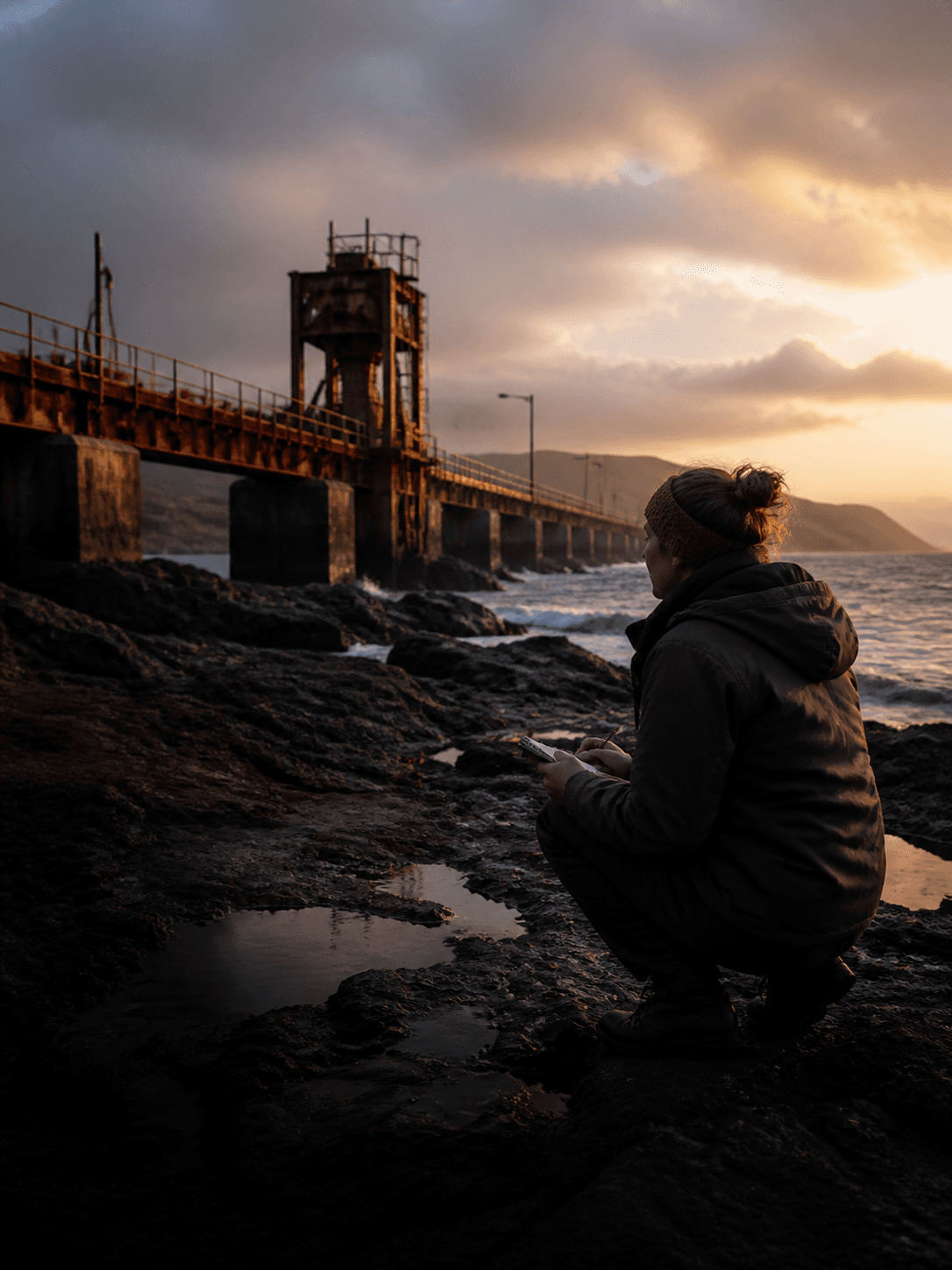 A researcher observes weathered but functioning coastal infrastructure at first light.