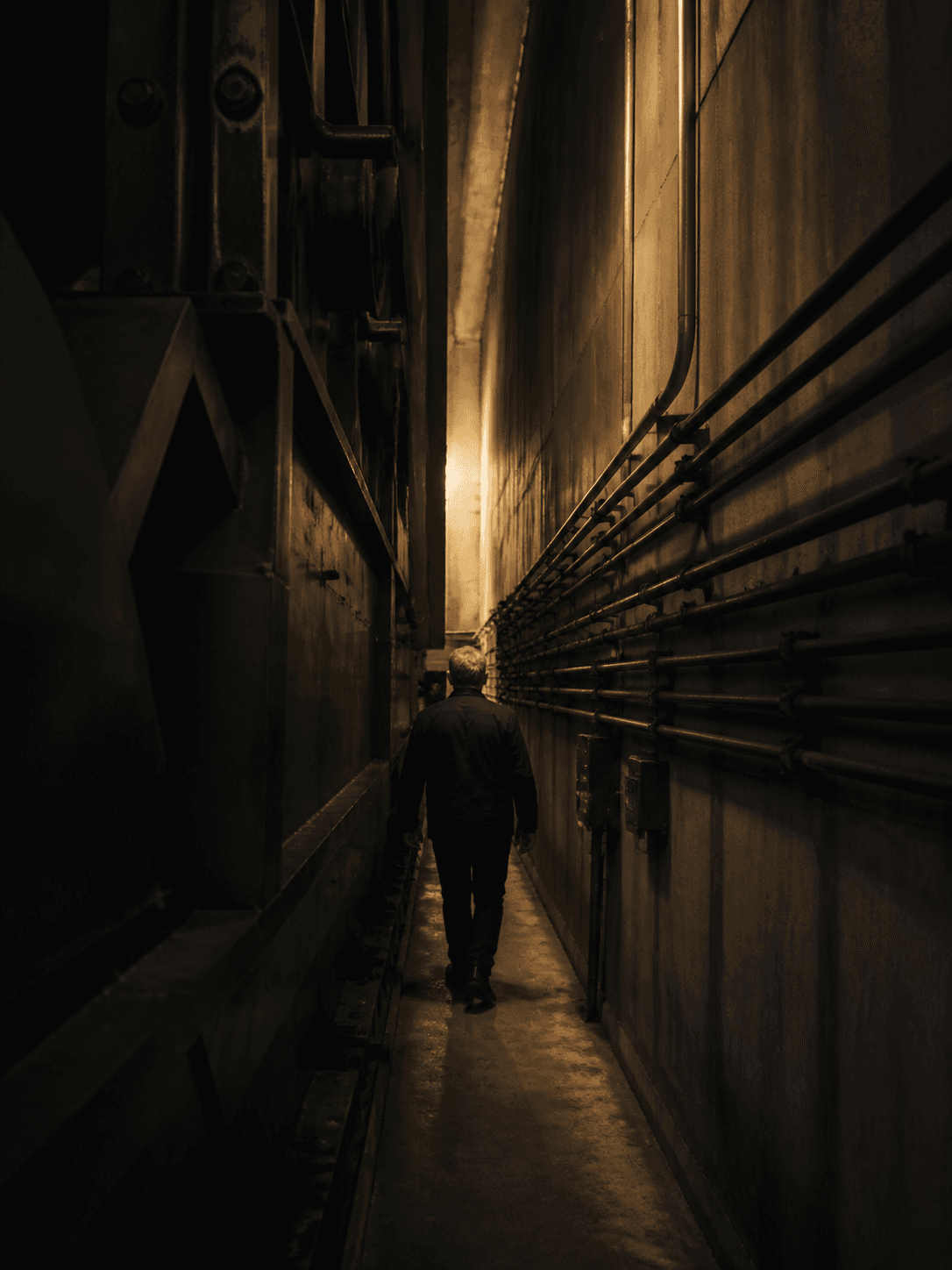 A manager walks through a narrowing industrial passage toward a distant light.