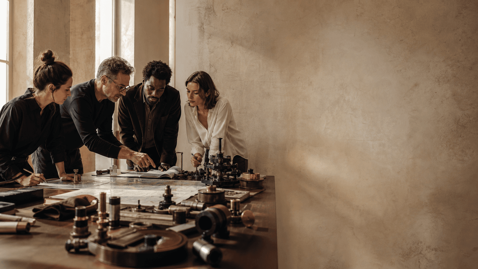 A cross-disciplinary team examines a physical prototype and maps during a diagnostic workshop.