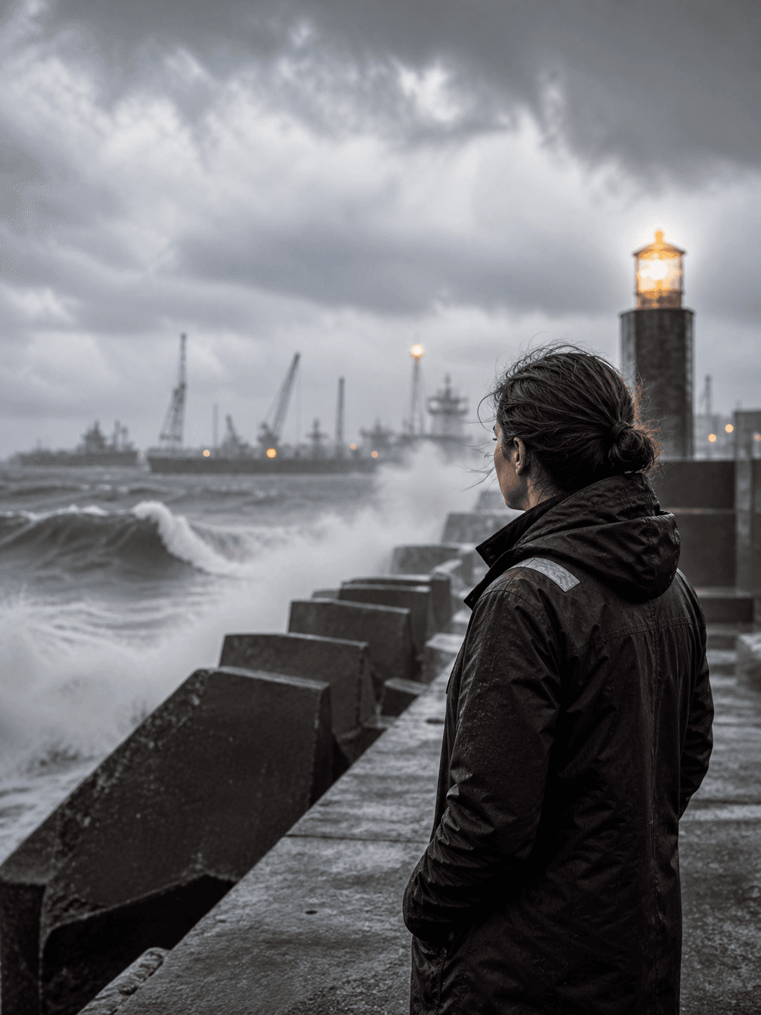 An engineer assesses a stormy coast beside essential infrastructure.