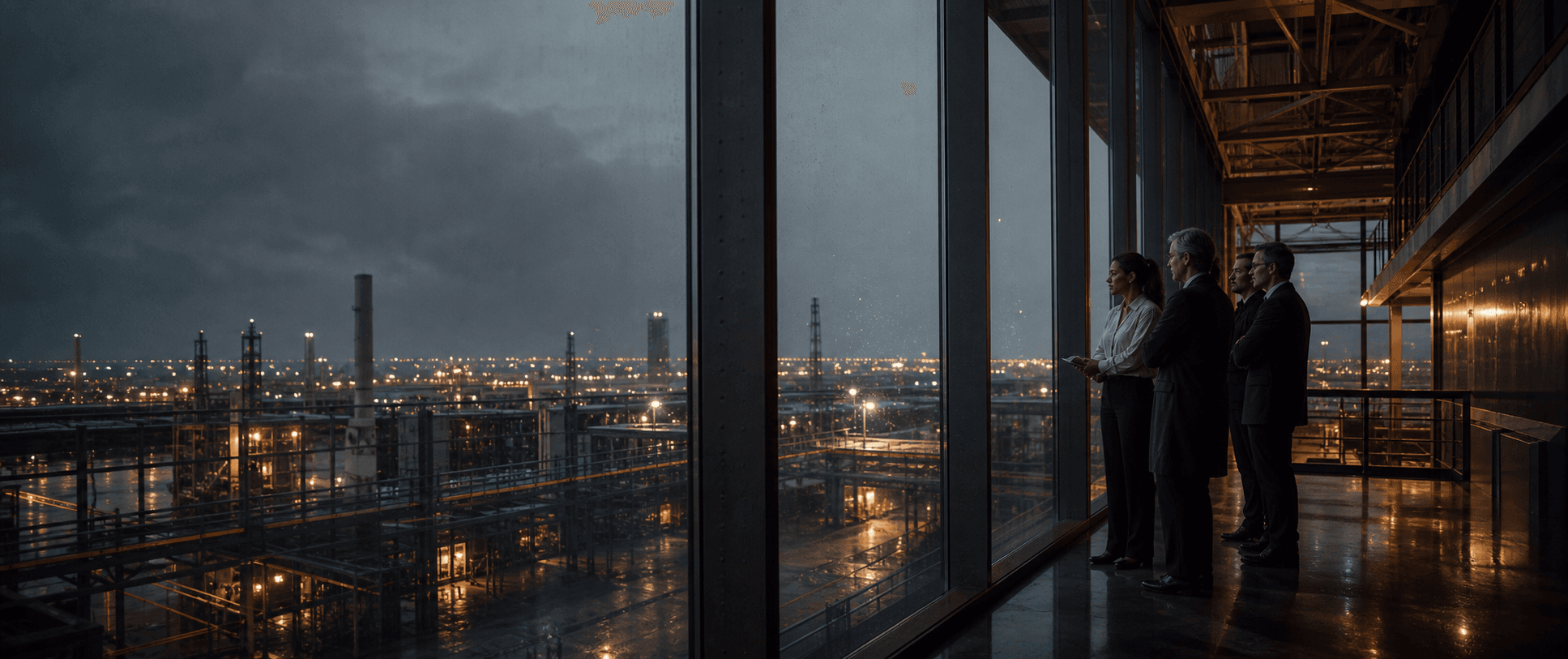 A team studies an industrial system from a sheltered observation room at dusk.
