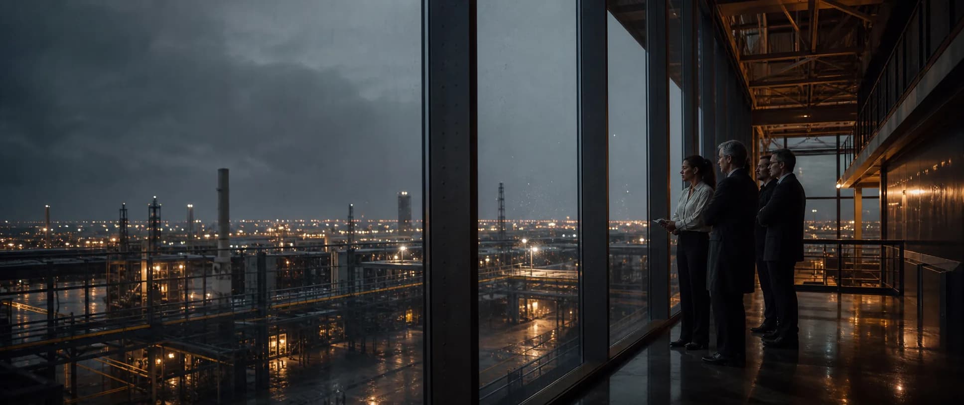A team studies an industrial system from a sheltered observation room at dusk.