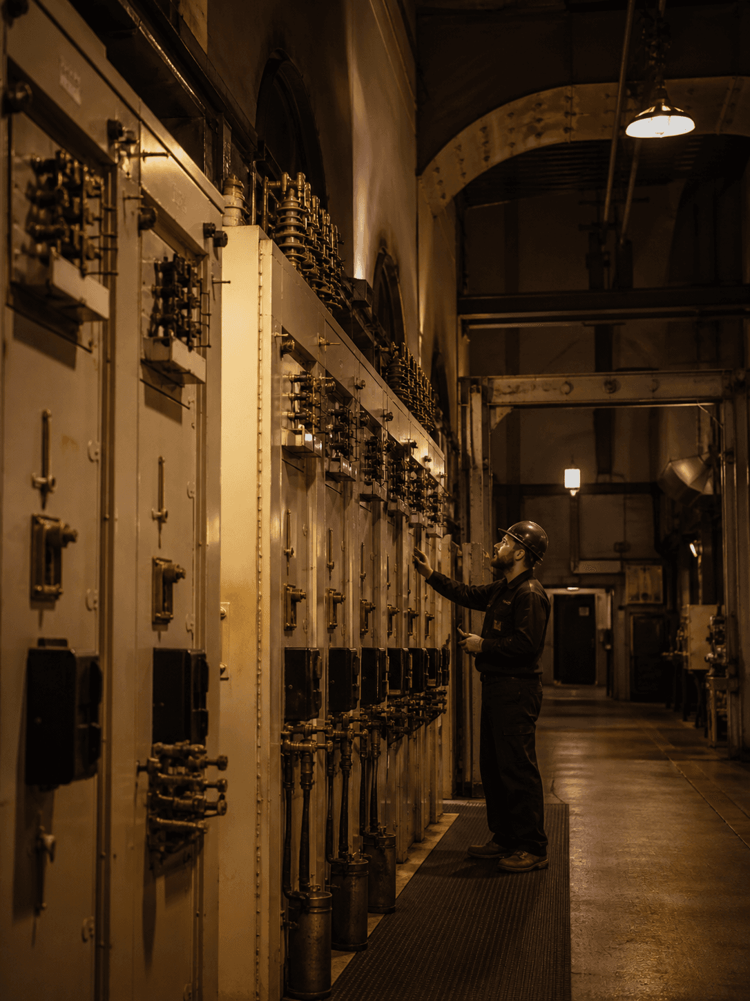 A technician checks robust physical equipment in a transit power facility.
