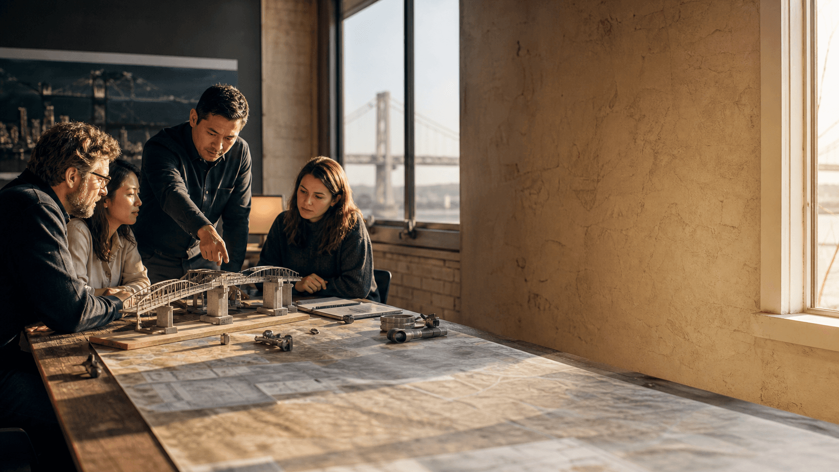 A cross-disciplinary team performs a structured infrastructure review around a physical model.