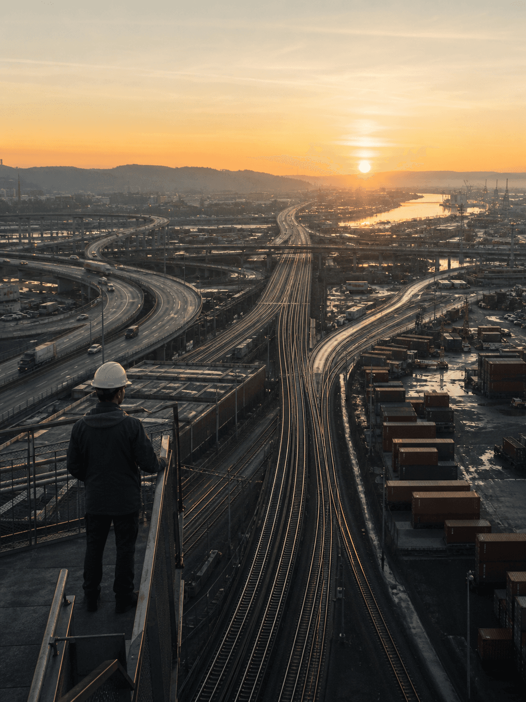 An engineer looks across several connected transport routes at dawn.