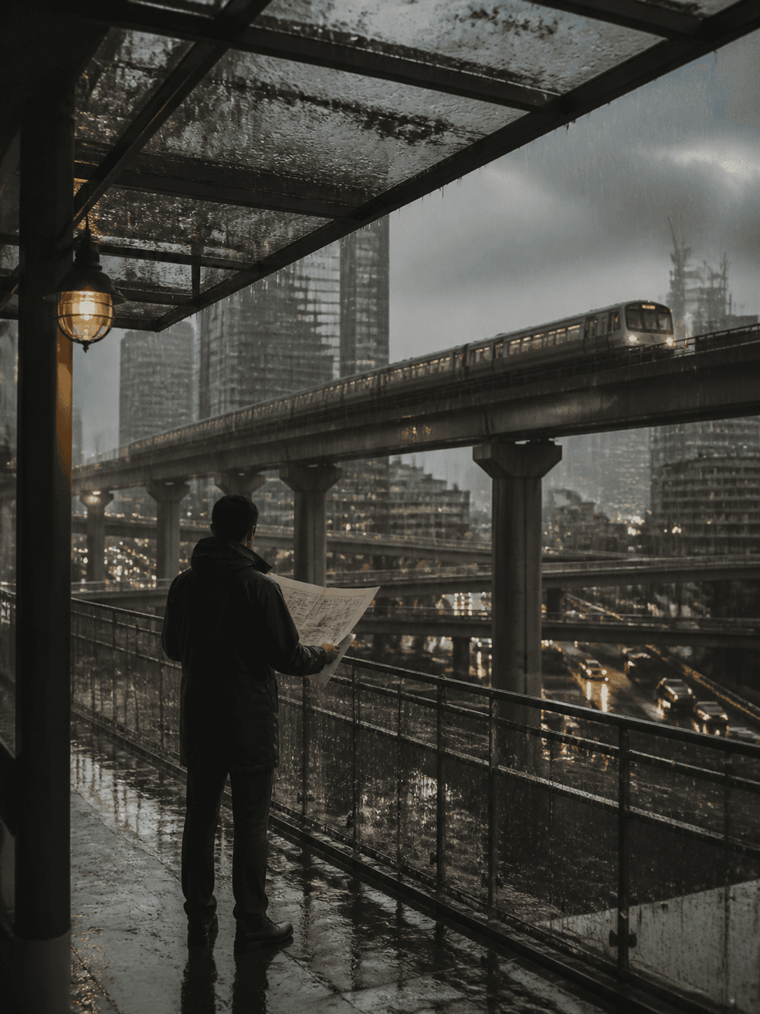 A planner studies an elevated rail network during heavy rain.