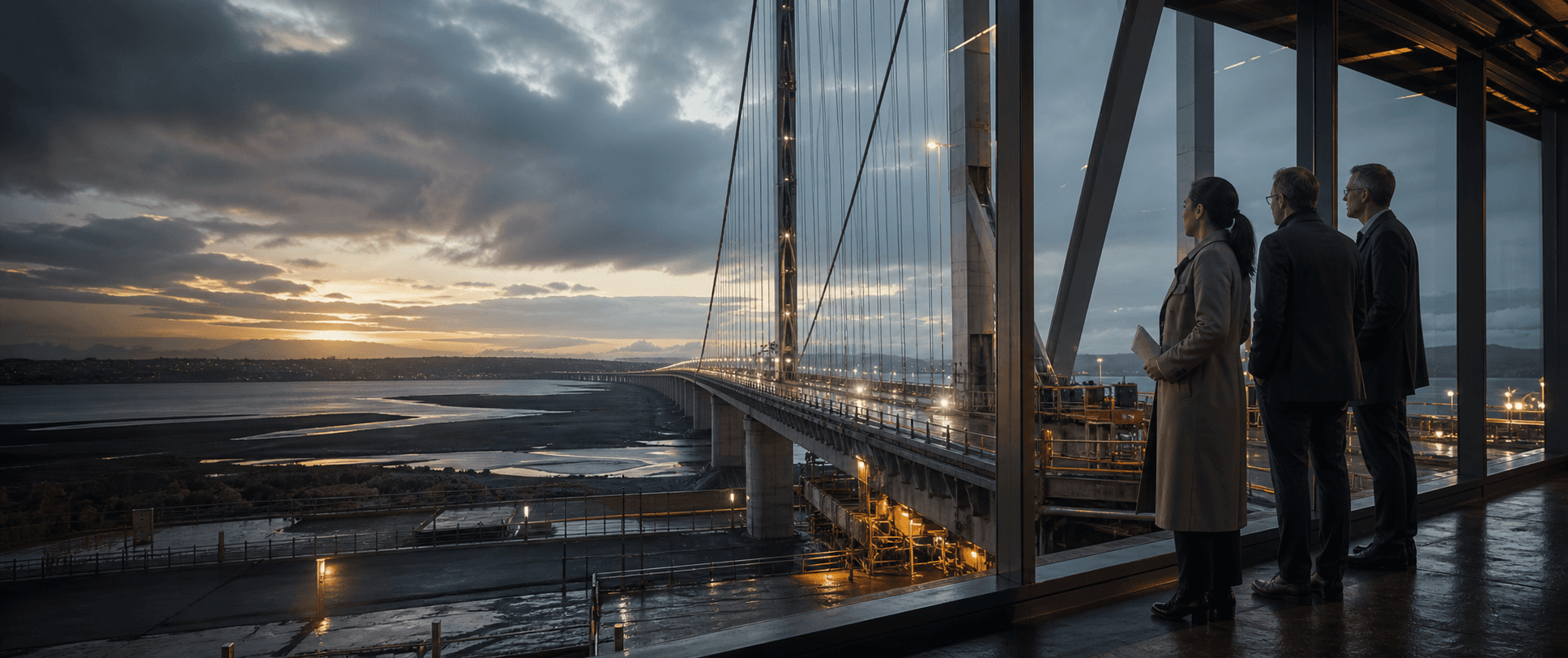 Technical leaders study a suspension bridge and its connected route at dawn.