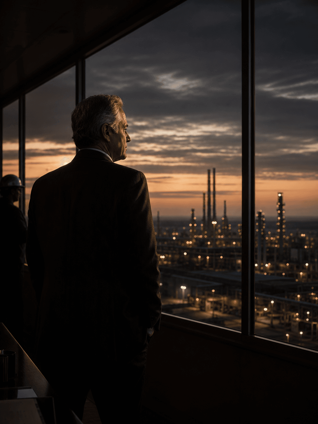 A senior advisor observes an industrial operation from an elevated room.