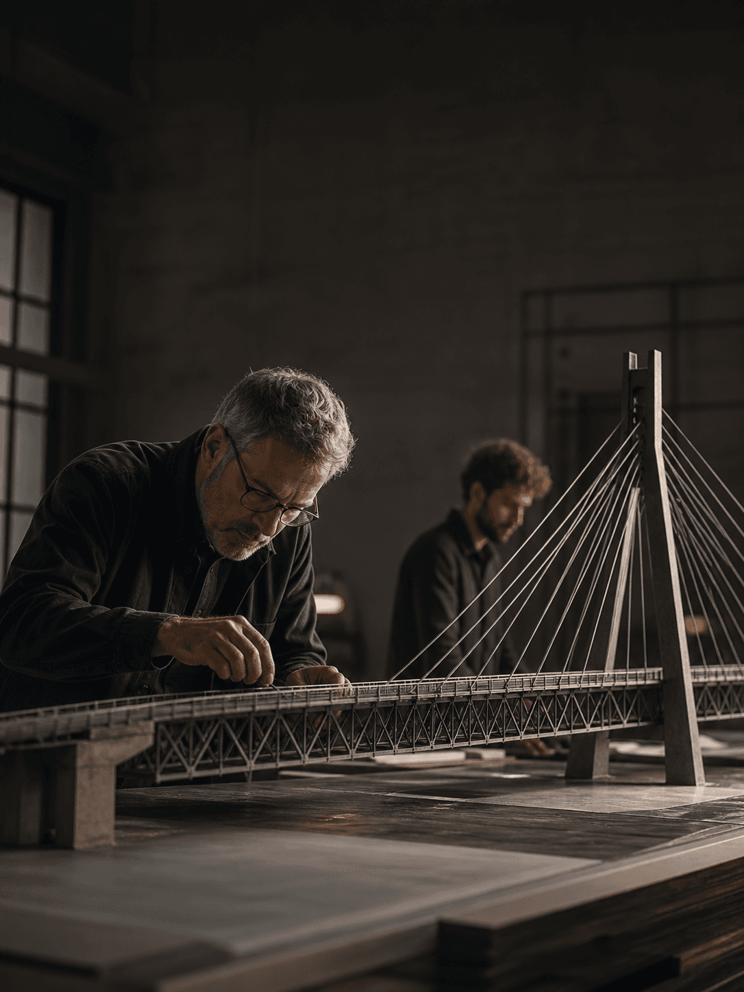 An engineer examines the structural connections of a physical infrastructure model.