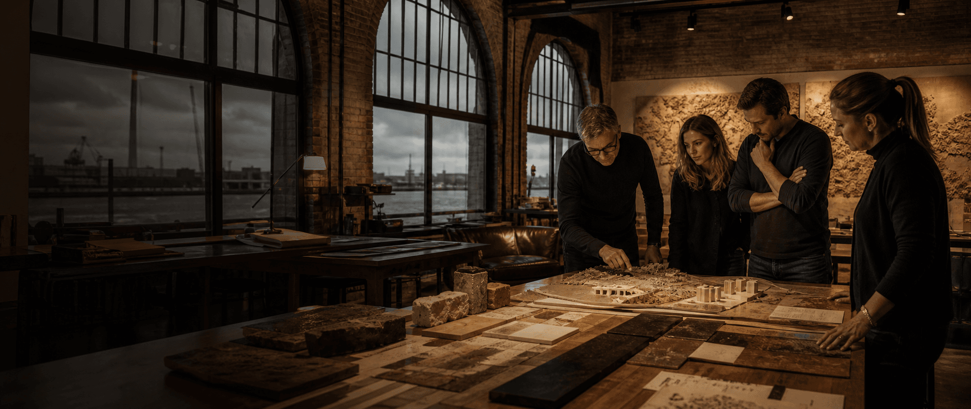A cross-disciplinary team studies a physical infrastructure model in an operations workshop.