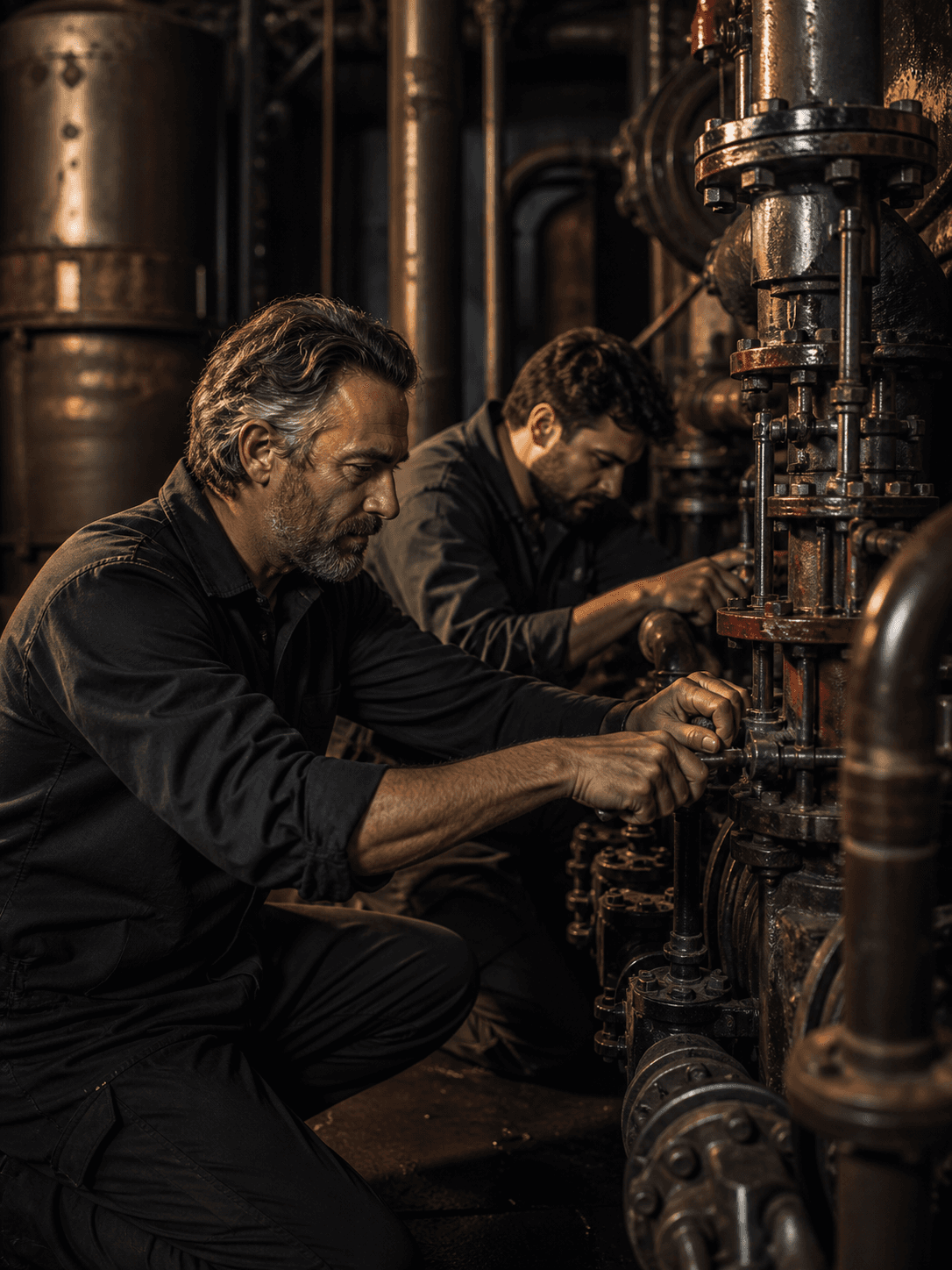 Technicians reconfigure a critical mechanical system.